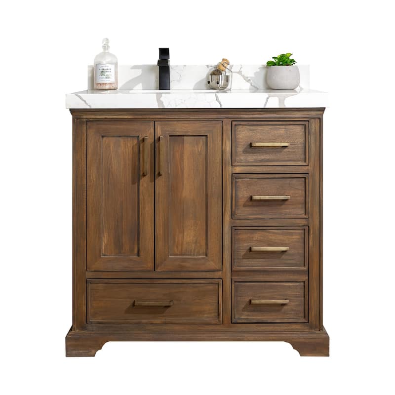 Willow Collections 36 in. W x 22 in. D Charlotte Teak Left Offset Sink Bathroom Solid Teak Vanity with Countertop - 2" Calacatta Laza - Grey