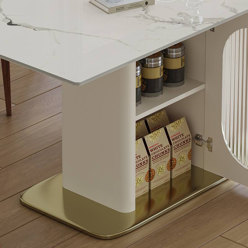 7-Piece Kitchen Table Set with 6 Velvet Chairs, Dining Table Set with Storage Cabinets for Dining Room - White