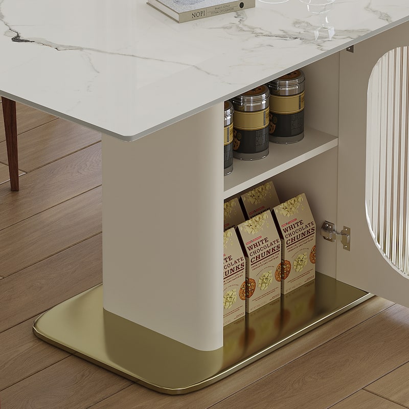 Roomfitters 63 Inch Dining Table Set with Chairs, Sintered Stone Kitchen Desk with Storage Cabinet, White & Gold