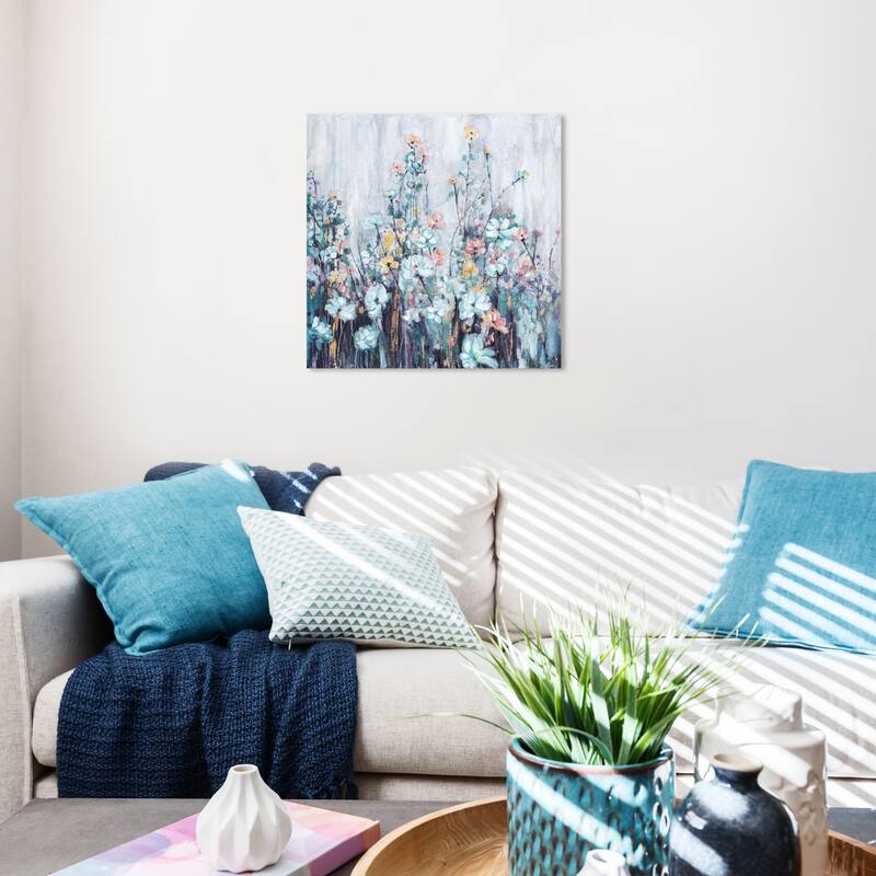 Wynwood Studio Canvas Floral and Botanical Mint Shadows Blue and Farmhouse Wall Art Canvas Print - Blue, Gray - 20 x 20