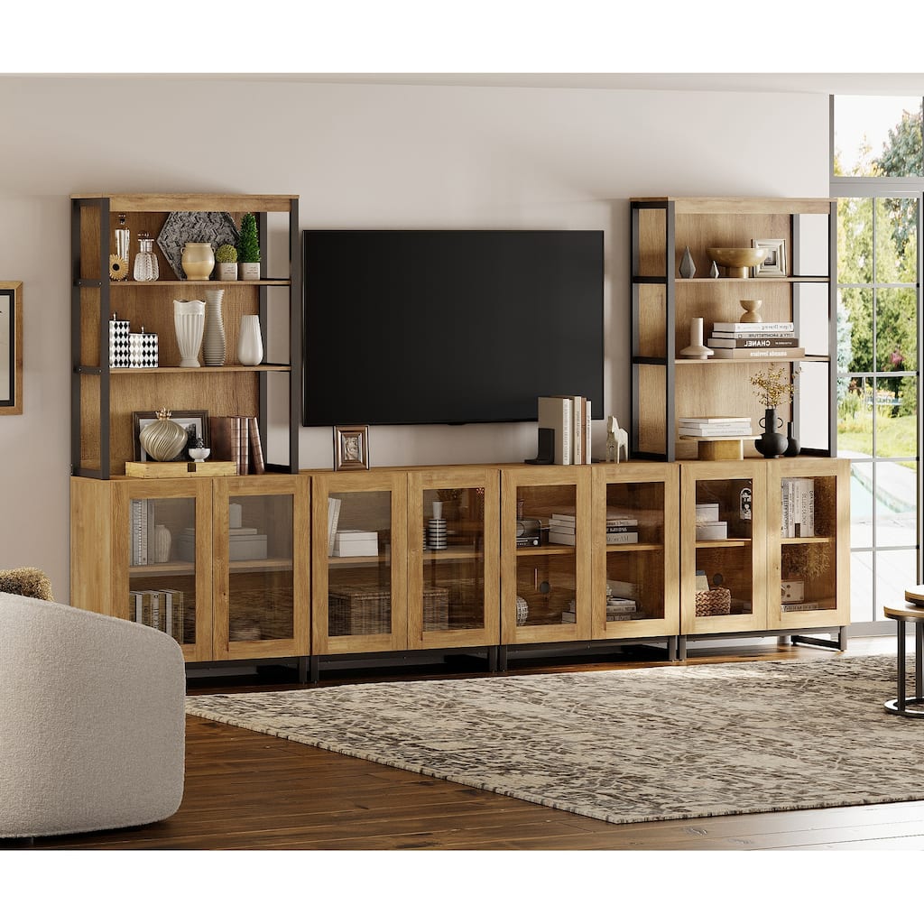 Modern TV Stand with 3 Tiers Bookshelf,Wooden Media TV Console with Glass Doors for Living Room