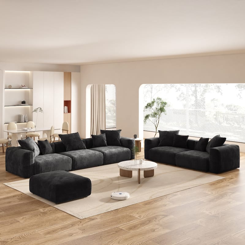Large Corduroy Fabrics Upholstery Modular Sectional Sofa Set for Living Room - Black