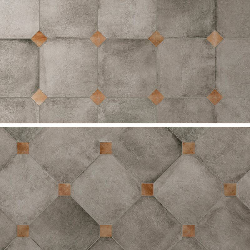 Merola Tile Laverton Octagon Grafito with Taco Natural 7-7/8" x 7-7/8" Porcelain Floor and Wall Tile