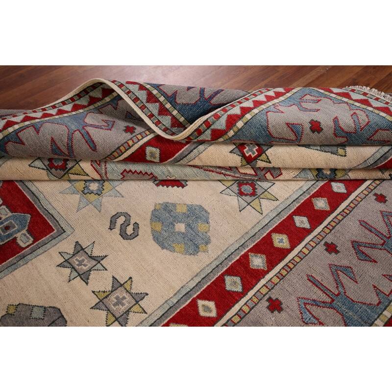 Geometric Kazak Rug Hand-Knotted Dining Room Wool Carpet - 6'0" x 8'2"
