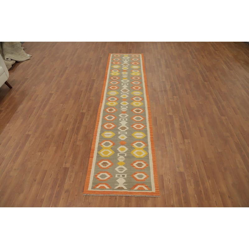 Hand Woven Oriental 100% Wool Carpet Southwestern Tribal Greys & Charcoal Kilim Runner Rug - 11' 6'' X 2' 8''