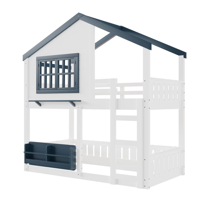 Twin Size Bunk Bed/Loft Bed with Bookshelf, House Design, High-Quality Safety Fencing