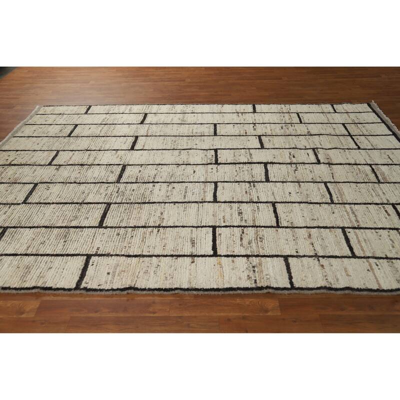 Geometric Moroccan Area Rug Hand-Knotted Beige Wool Carpet - 7'0" x 9'9"