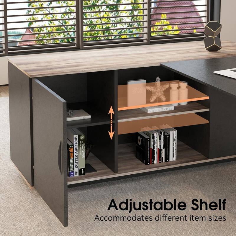 63" Modern Executive Desk with 47" lateral File Cabinet, L-Shaped Desk with Storage Shelves and Doors