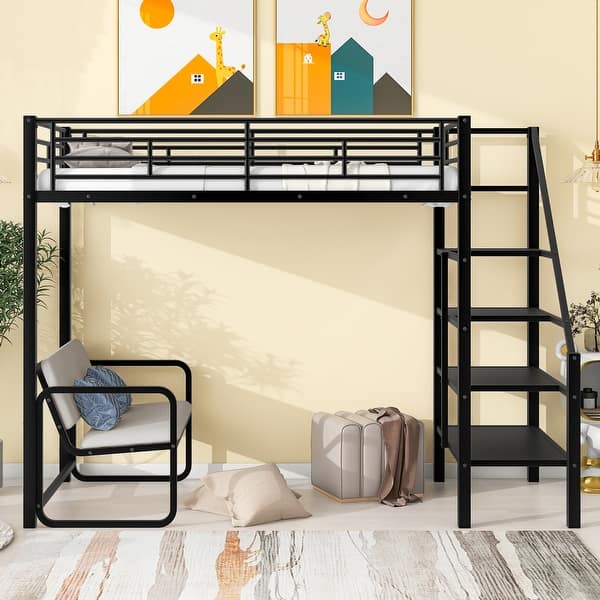 slide 2 of 14, Twin Metal Loft Bed with Bench and Storage Staircase, Full Guardrails, Black Black
