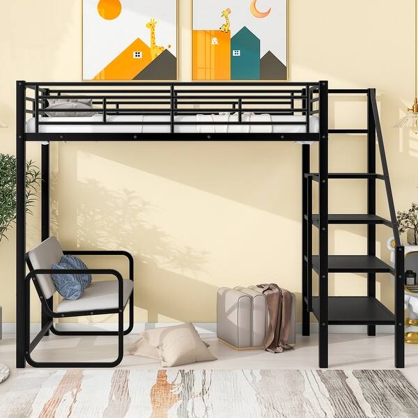 slide 2 of 7, Twin Size Metal Loft Bed with Bench and Staircase Storage Black