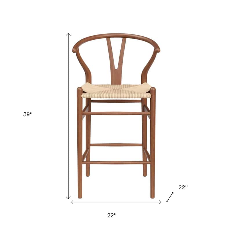 HomeRoots 27" Beige and Walnut Solid Wood Counter Height Bar Chair