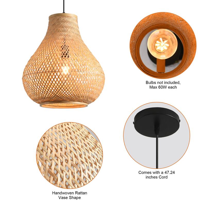 15" Natural Farmhouse Vase Shape Handwoven Rattan Caged Pendant Light - 14.96" D x 14.96" W x 62.99 " H