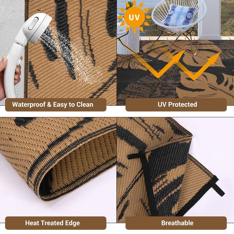 Outdoor Rug Waterproof Reversible Rug Modern Leaves Plastic Straw Area Rug