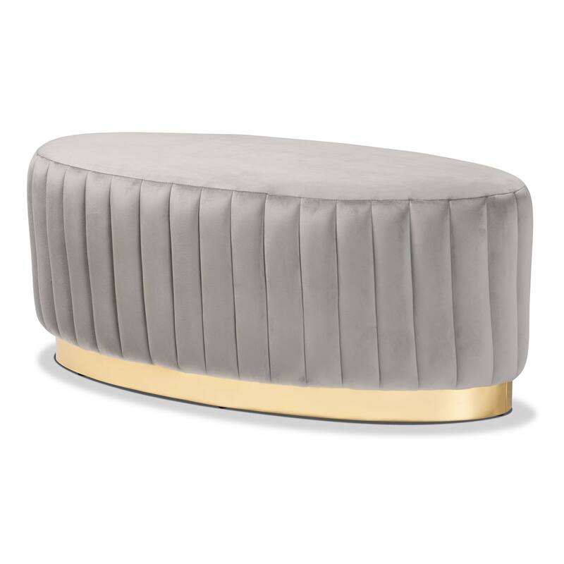 Kirana Glam and Luxe Velvet Fabric and Gold PU Leather Ottoman - Grey