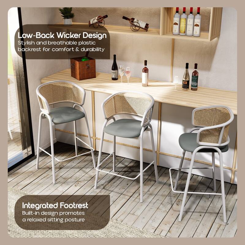 LeisureMod Ervilla Set of 2 Modern Wicker Leather Bar Stool with Curved Back & White Steel Frame for Home Office Dining Room