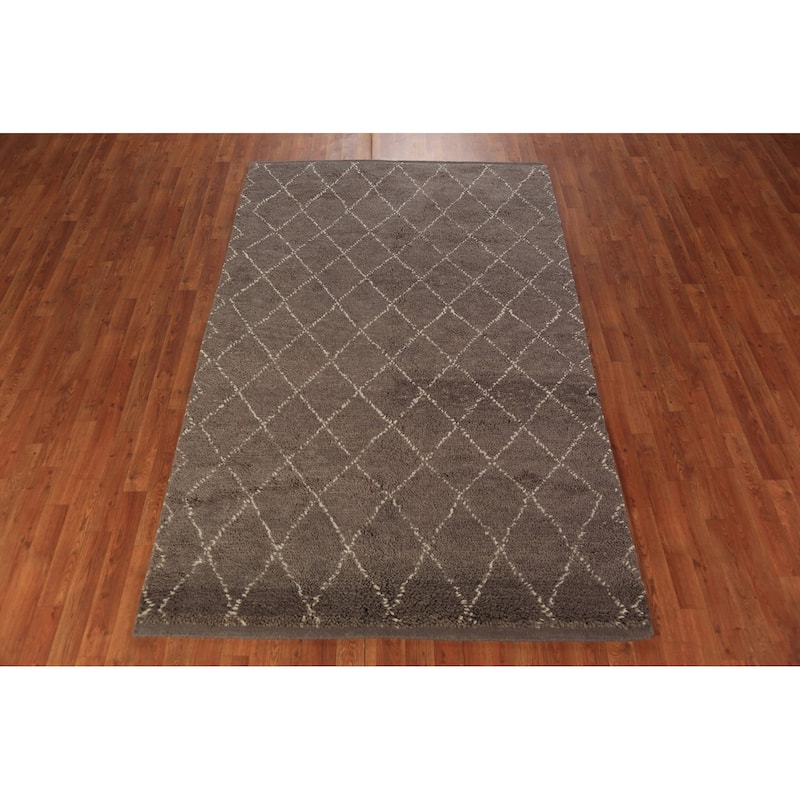 All-Over Brown Trellis Moroccan Indian Rug Hand-Knotted Wool Carpet - 5'1" x 8'2"