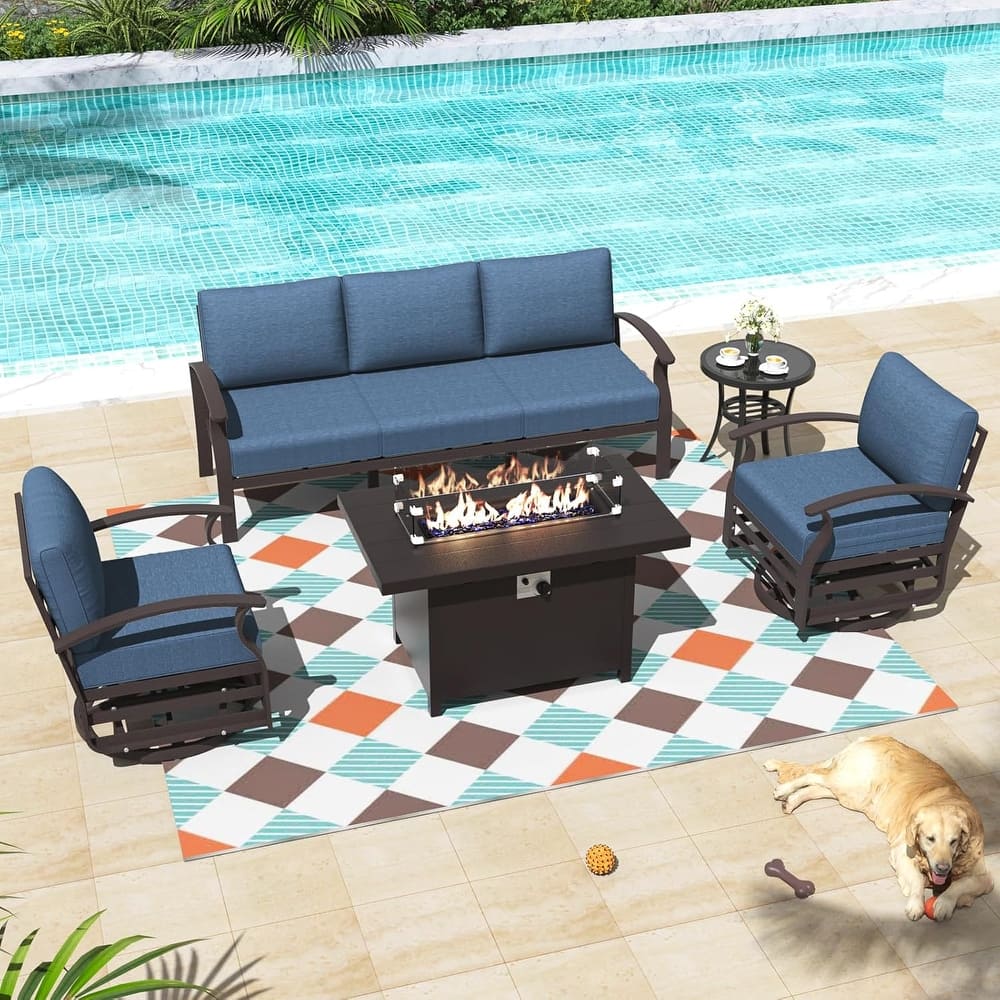 Aluminum Patio Outdoor Sectional Sofa Set with Fire Pit, Swivel Rocking Chairs and Ottomans