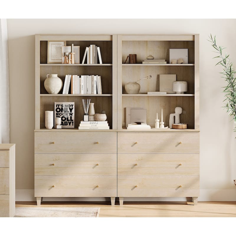 WAMPAT Modern 71" Tall Bookcase with 6 Drawers, 2 Columns 3-Tier - Light Oak