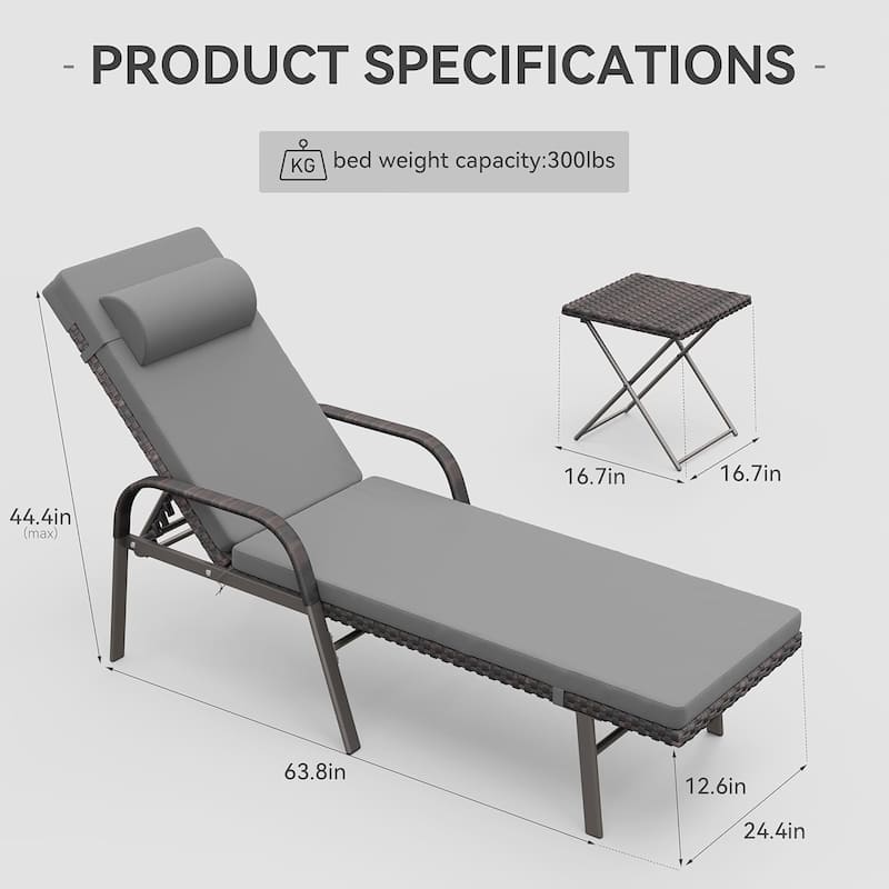 3-Piece Outdoor Wicker Chaise Lounge with Armrests and Cushions