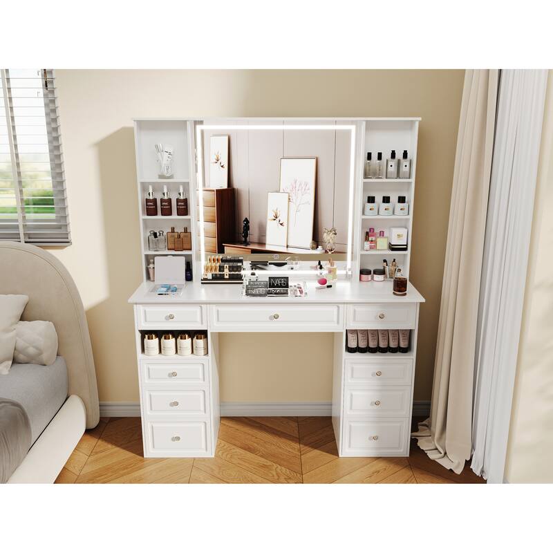 Modern Vanity Set with Lighted Mirror,Extra Large Mirror Makeup Vanity Table with 9 Drawers,European Style Vanity - White-Music Player+Wireless Charger - 9-drawer