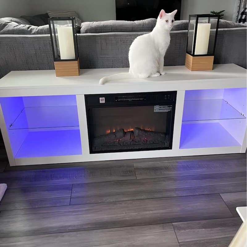 66" White Modern Electric Fireplace TV Stands Console for 75-inch TV with Remote - 66 in console width