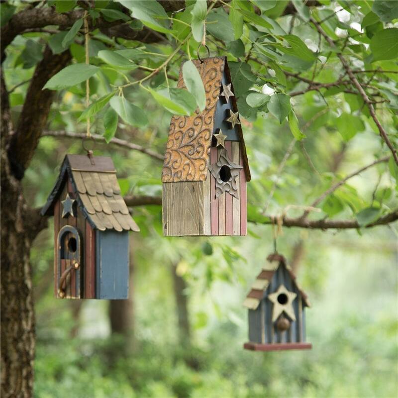 Glitzhome Wooden Patriotic Distressed Garden Birdhouse with Stars