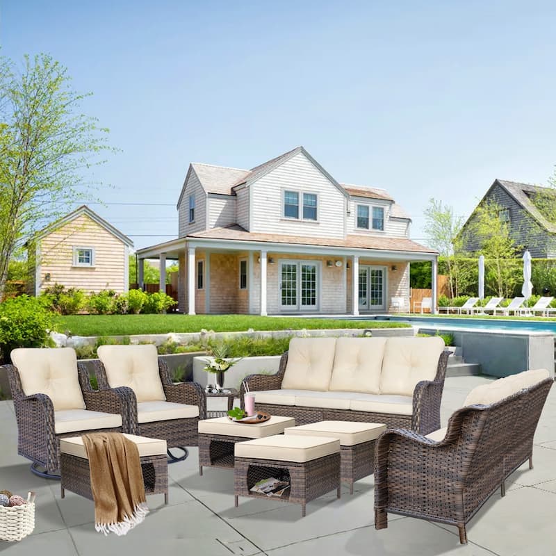 9 Piece Outdoor Wicker Patio Conversation Swivel Chairs Furniture Sets