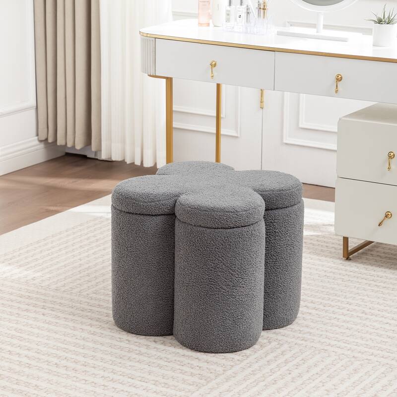 SEYNAR Modern Glam Teddy Velvet Flower Shape Storage Ottoman - Grey