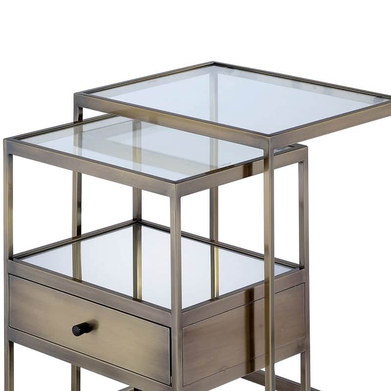Stylish Nesting Tables Set, Clear Glass & Brass, 2 Piece Pack