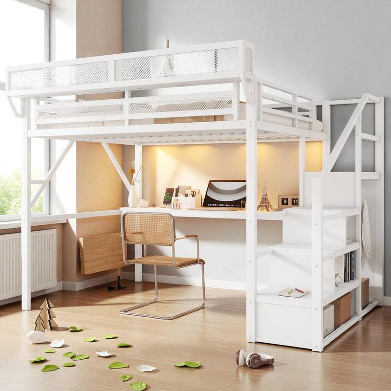 Full/Queen Size Metal Loft Bed with Desk, RGB Light, Charging Station, Shelves and Wardrobe, Stair Loft Bed for Teens - White - Queen