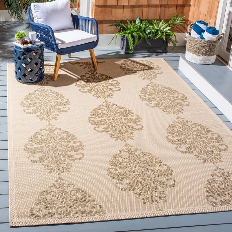 SAFAVIEH Courtyard Pauley Damask Indoor/ Outdoor Waterproof Patio Backyard Rug - 6'7" x 9'6" - Natural/Brown
