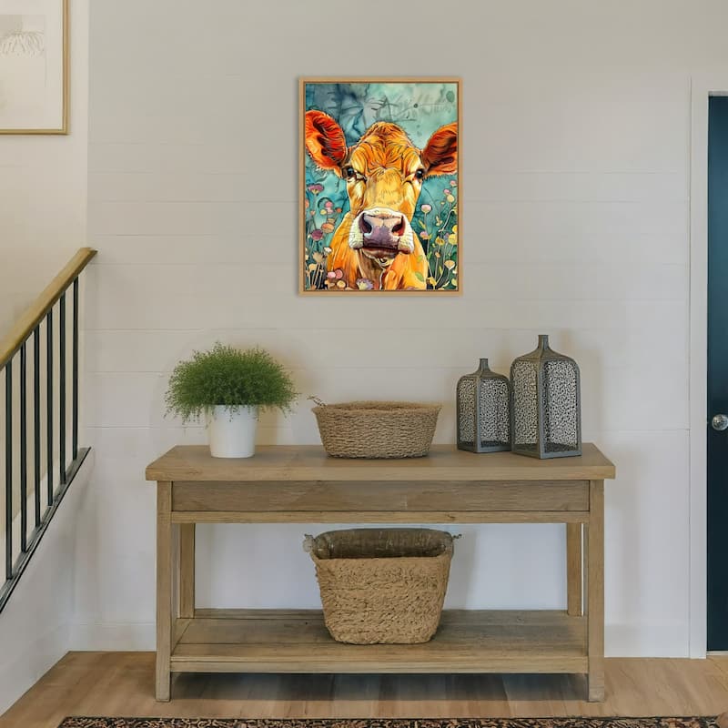 Cow in Flowers by Justyna Jaszke Framed Canvas Wall Art