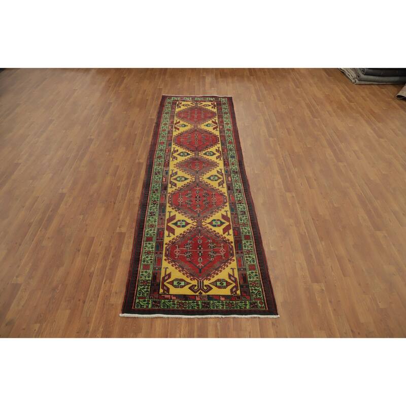 Hand Knotted Oriental 100% Wool Carpet Traditional Tribal Yellow & Gold Ardebil Runner Rug - 11' 4'' X 3' 4''