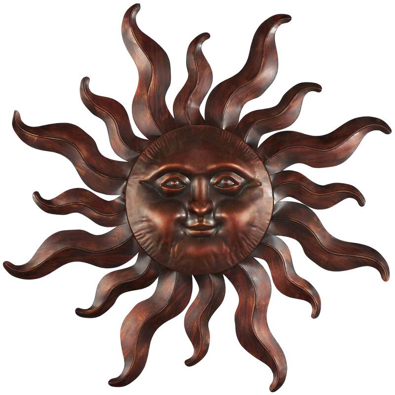 Bronze Metal Sun Home Wall Decor with Smiling Face and Curved Rays