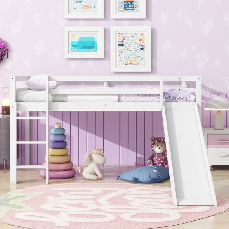 Low Loft Bed with Slide, Ladder, Safety Guardrails, Twin Size, White - White