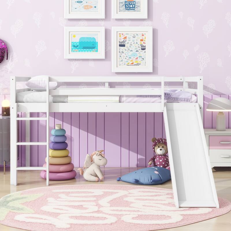 Twin Low Loft Bed with Slide Ladder Safety Guardrails Rubber Wood - White - Twin