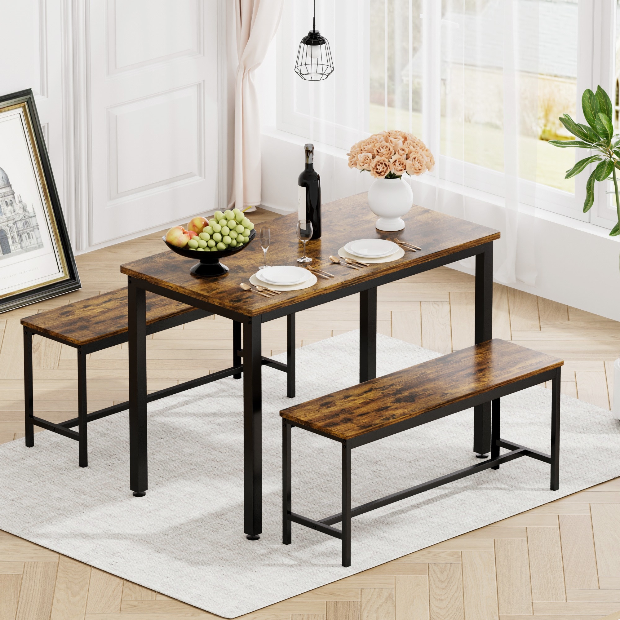Dining Set with 2 Benches, 2 Sliding Benches with Steel Frame, Breakfast Nook with Kitchen Breakfast Table