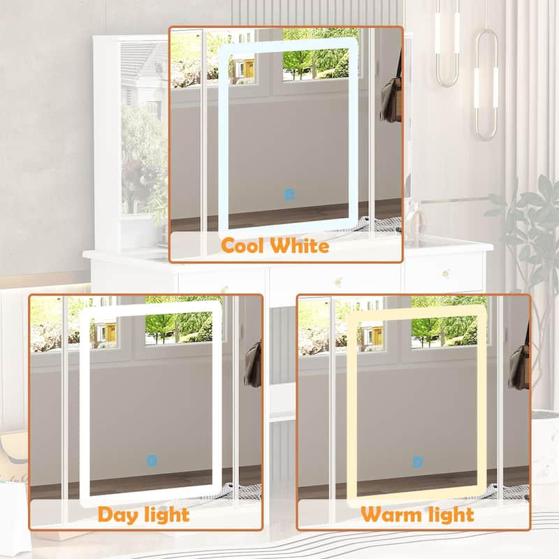 Extra Large Mirror Makeup Vanity Table with LED light,9 Drawers,White - 53.9"H