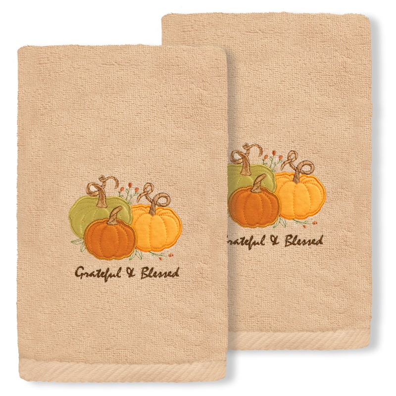 Authentic Hotel and Spa Grateful & Blessed - Embroidered Luxury 100% Turkish Cotton Hand Towels (Set of 2) - Sand