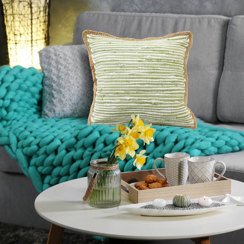 Sevita Striped Jute Bordered Throw Pillow - Polyester - Sweet Pea Green/White/Tan