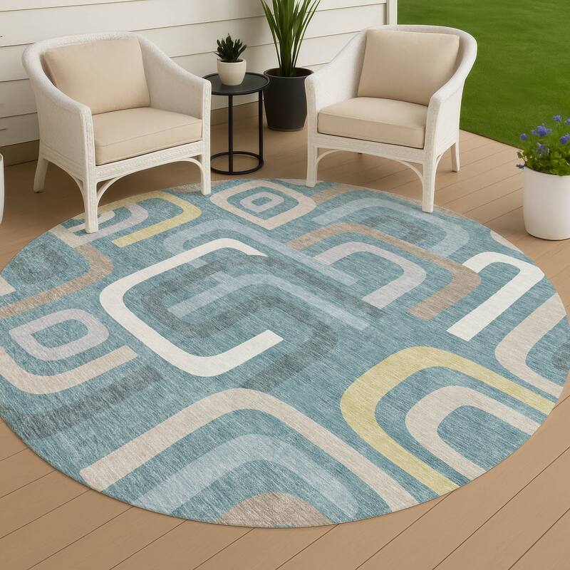 Machine Washable Indoor/ Outdoor Modern Penner Chantille Rug - Teal - 8' x 8'