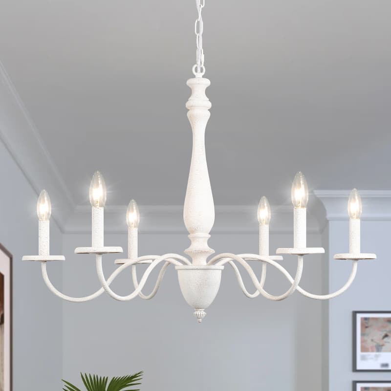 6-Light Rustic Farmhouse Chandelier Light for Bedroom Foyer Living Room - Retro White