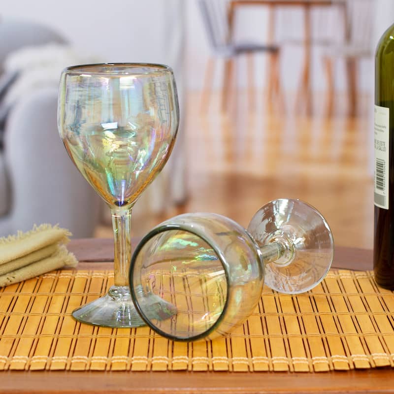 NOVICA Artisan Handblown Recycled Ecofriendly Wine Glasses Iridescent Clear Mexico Tableware Drinkware 'Ethereal Glamour'(Pair)