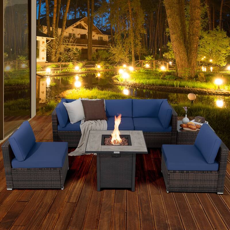 Costway 7PCS Patio Rattan Furniture Set 30'' Fire Pit Table Cover - See Details