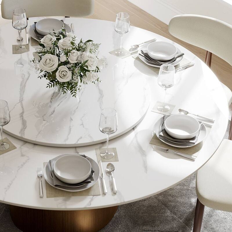 Modern Round Dining Table for Diningroom，White Glossy Stone Tabletop,Bronze Carbon Pedestal