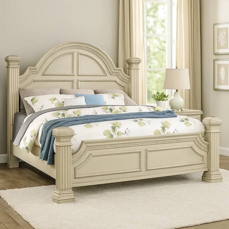 Akia King Bed, Antique White Solid Wood, Reeded Posts, Molded Trim