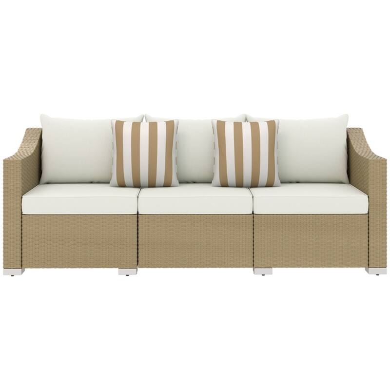 3-Seater Outdoor Rattan Sofa PE Wicker Steel Frame Patio Deck Garden Couch with Cushions and Throw Pillows