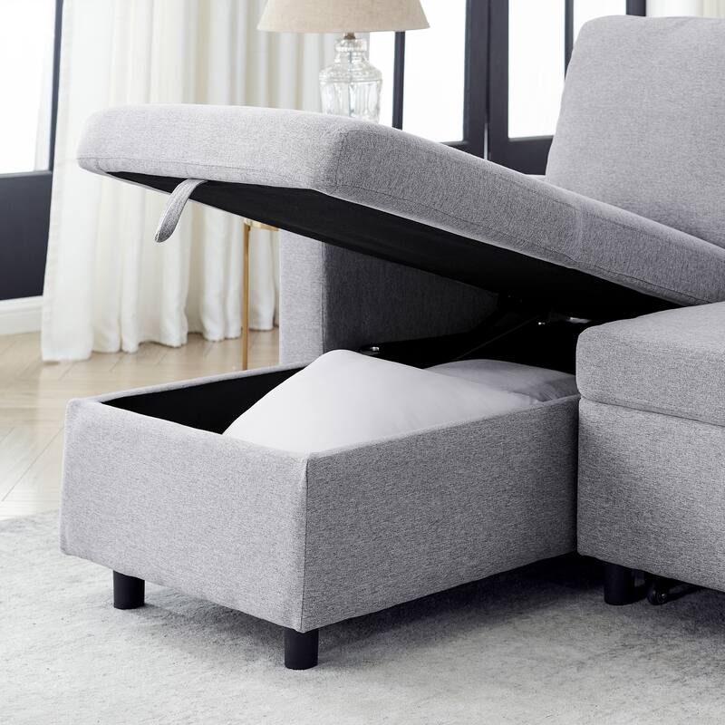 78.5" Linen L-Shaped Convertible Sofa Bed with Pull-Out Sleeper, Reversible Design & Storage Ottoman