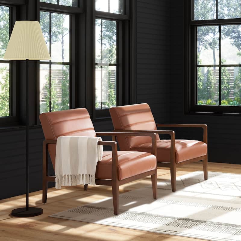 Kenneth 28" Mid-Century Modern Top Grain Leather Wood Arm Accent Chair