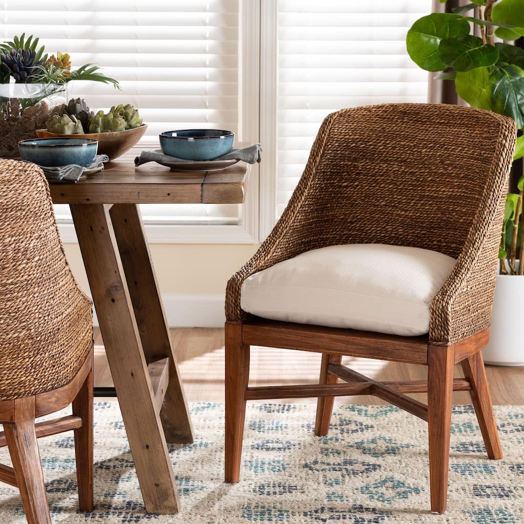 Jasper Seagrass Dining Chair with Mahogany Wood Frame - Coastal Accent Chair with Woven Wingback and Cushioned Seat